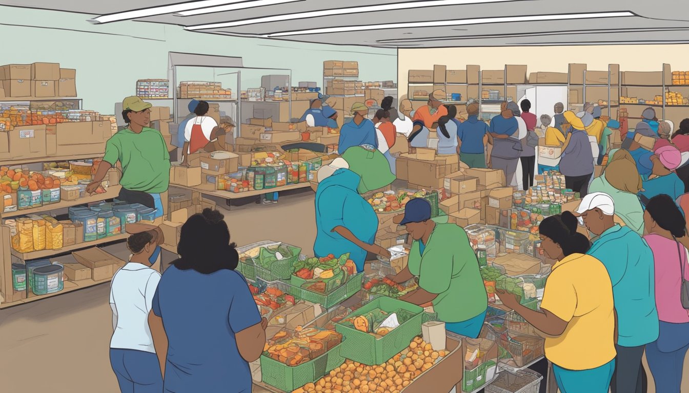 A bustling food pantry in Lavaca County, Texas, where volunteers distribute free groceries to those in need