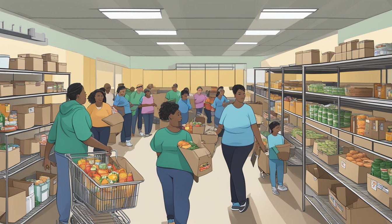 A bustling food pantry in Lavaca County, Texas, with volunteers distributing free groceries to those in need. Educational programs are also being offered alongside the additional food services