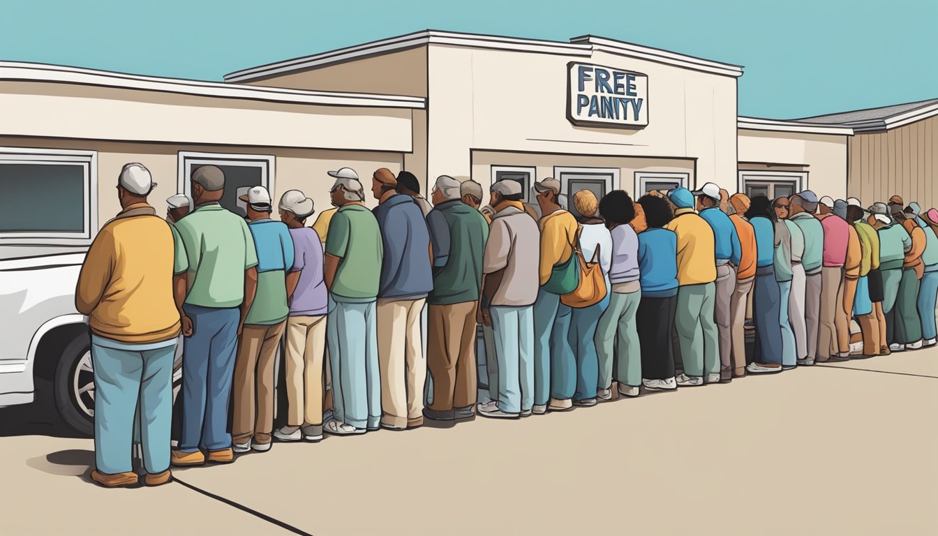 A line of people waiting for free groceries at a food pantry in Jim Wells County, Texas