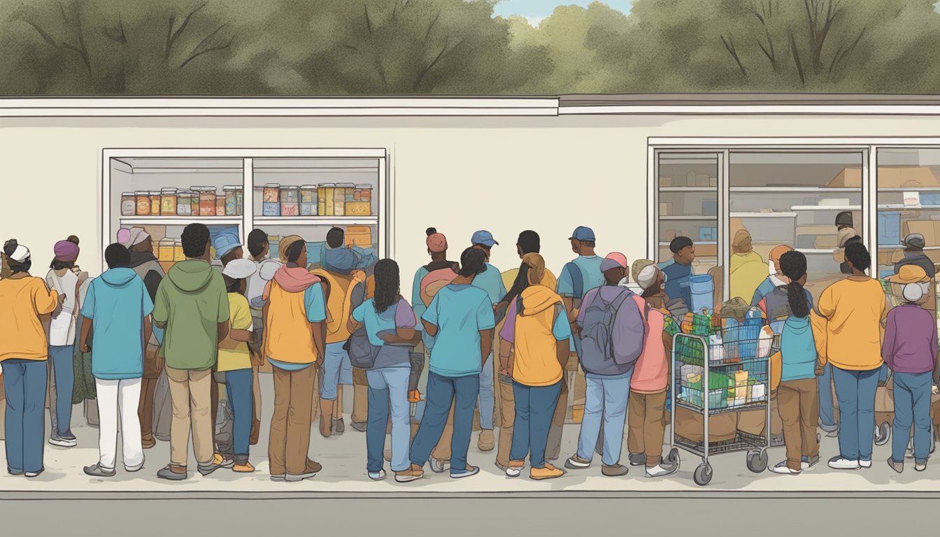 A line of people waiting outside a food pantry in Leon County, Texas, with volunteers distributing free groceries and supplies