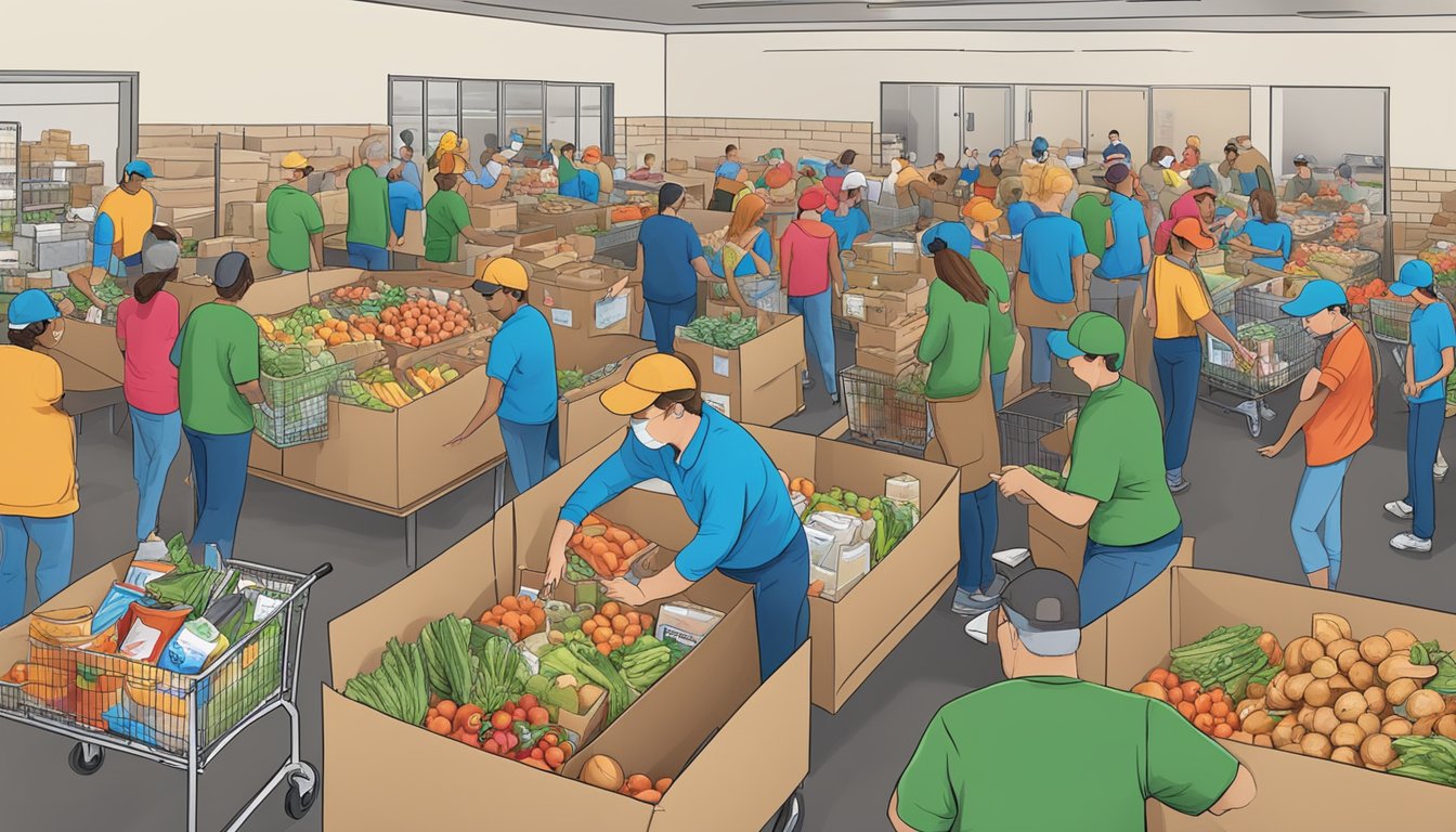 A bustling food bank in Jim Wells County, Texas, with volunteers distributing free groceries to those in need