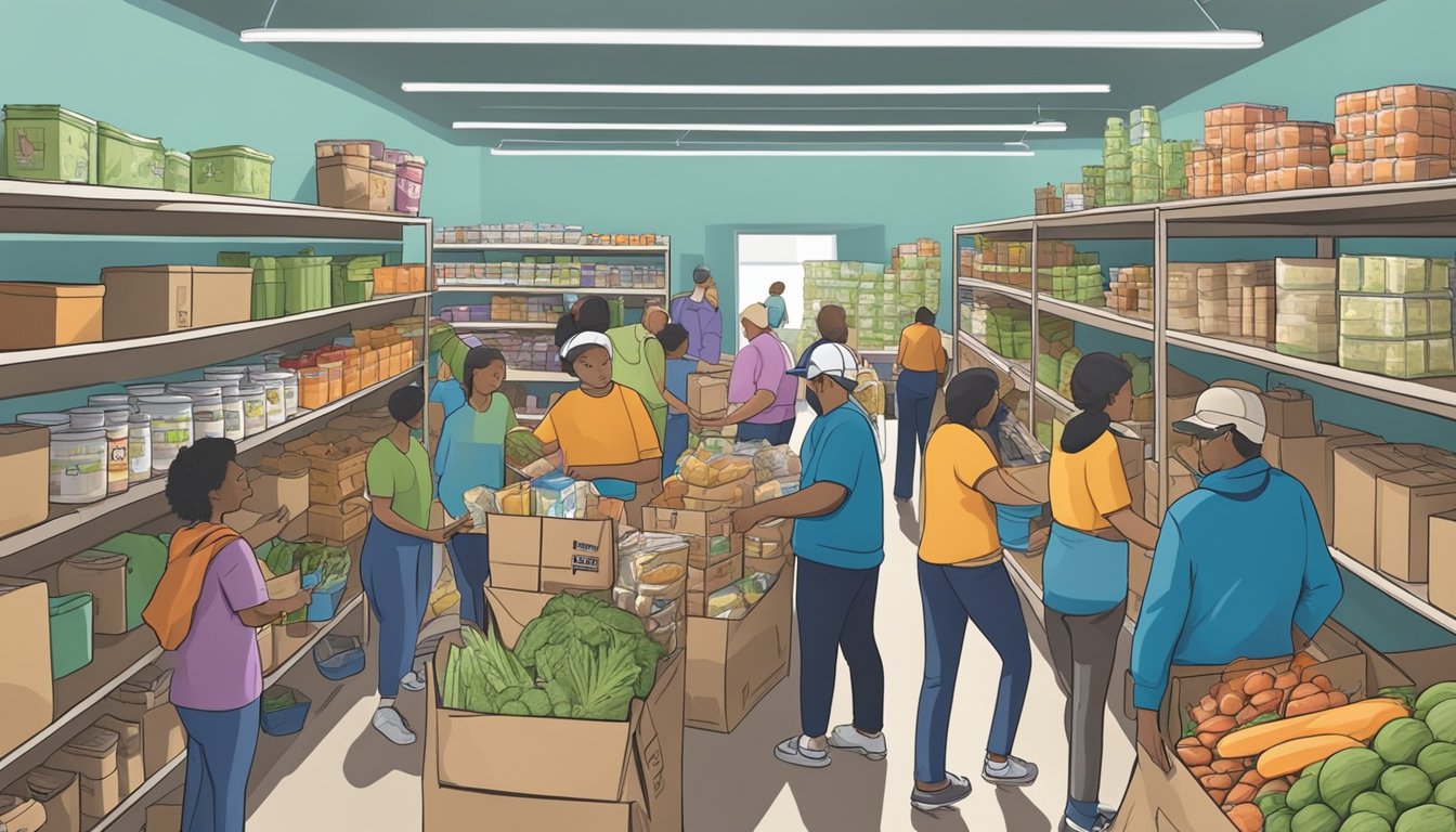 A bustling food pantry in Jim Wells County, Texas, with volunteers distributing free groceries to those in need