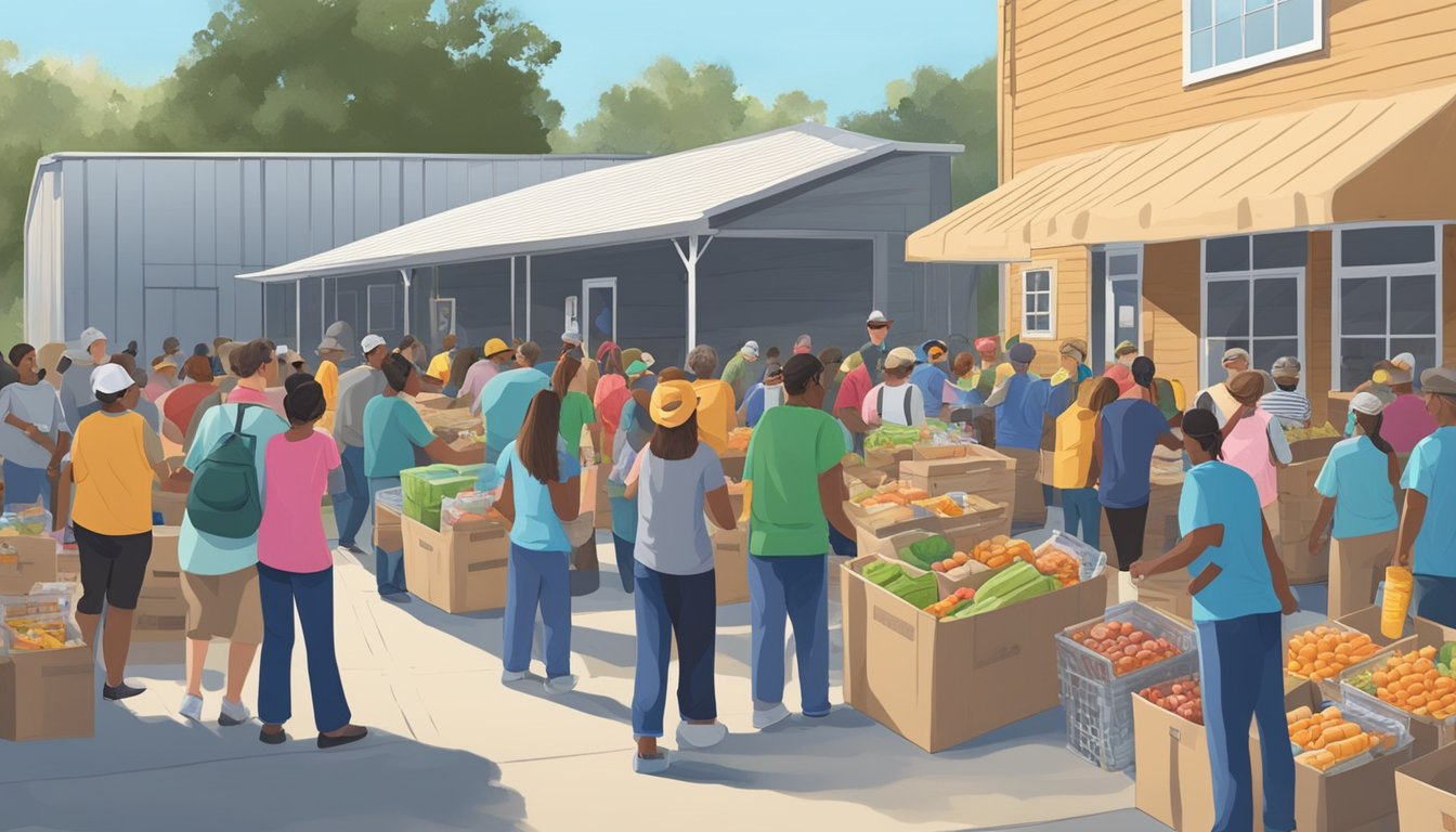 A bustling food pantry in Liberty County, Texas, with volunteers handing out free groceries to those in need