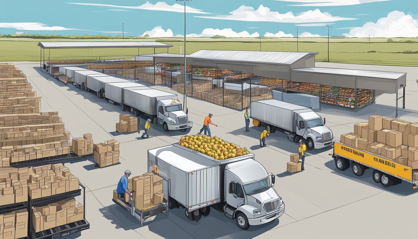 A bustling distribution center with volunteers loading boxes of groceries onto mobile pantry trucks in Jim Wells County, Texas