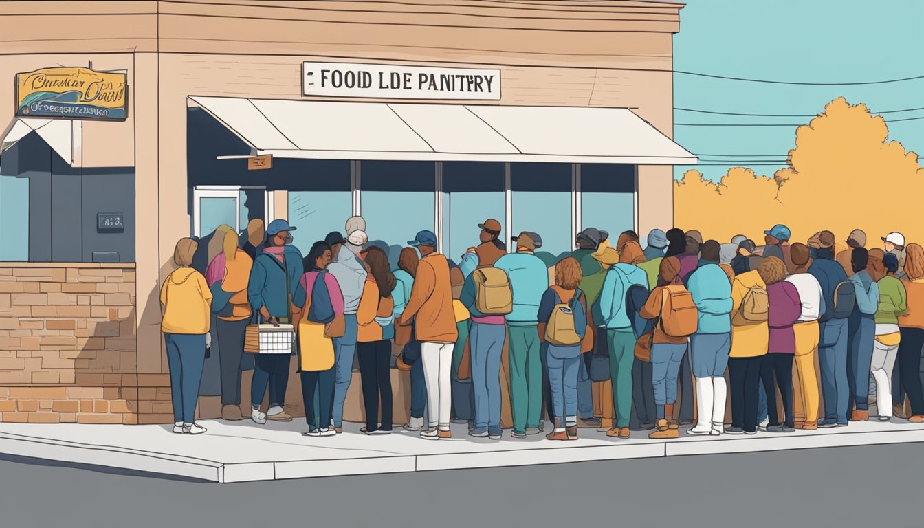 A line of people waiting outside a food pantry in Lipscomb County, Texas, with volunteers distributing free groceries to those in need