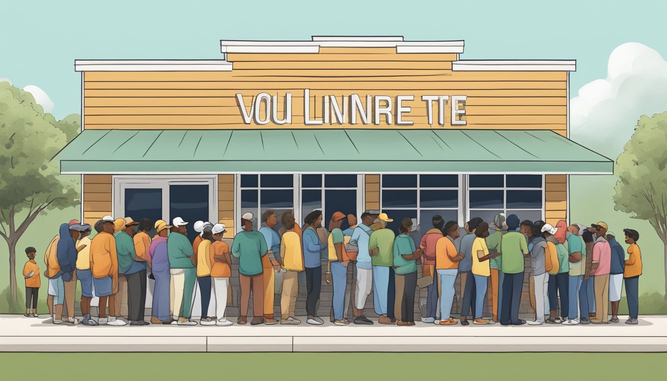 A line of people waits outside a small building, where volunteers distribute free groceries and food supplies in Liberty County, Texas