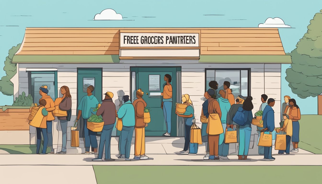 A line of people waits outside a small building with a sign reading "Free Groceries and Food Pantries." Volunteers hand out bags of food to those in need