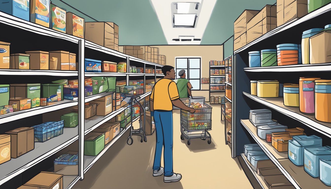 A bustling food pantry in Lipscomb County, Texas, with shelves stocked full of free groceries and volunteers assisting those in need