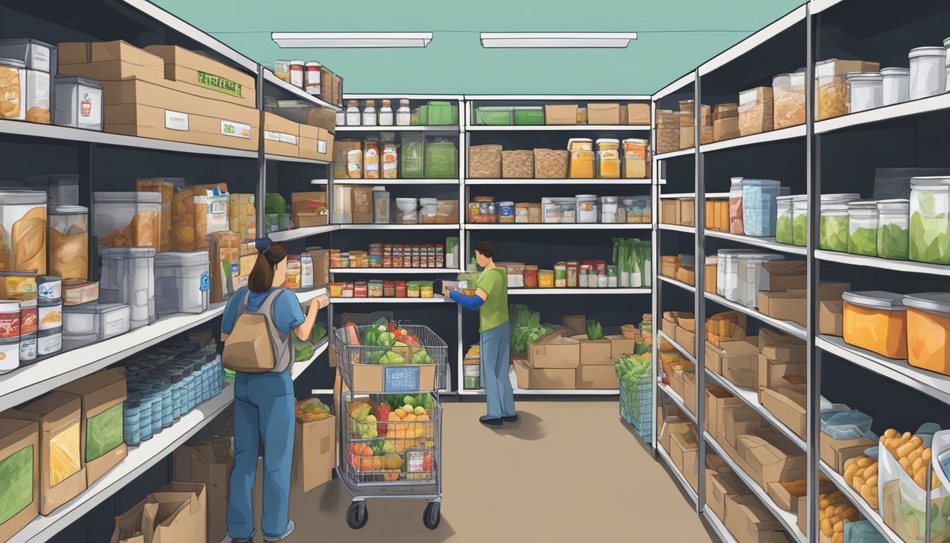 A bustling food pantry with shelves stocked full of groceries and volunteers assisting community members in Liberty County, Texas