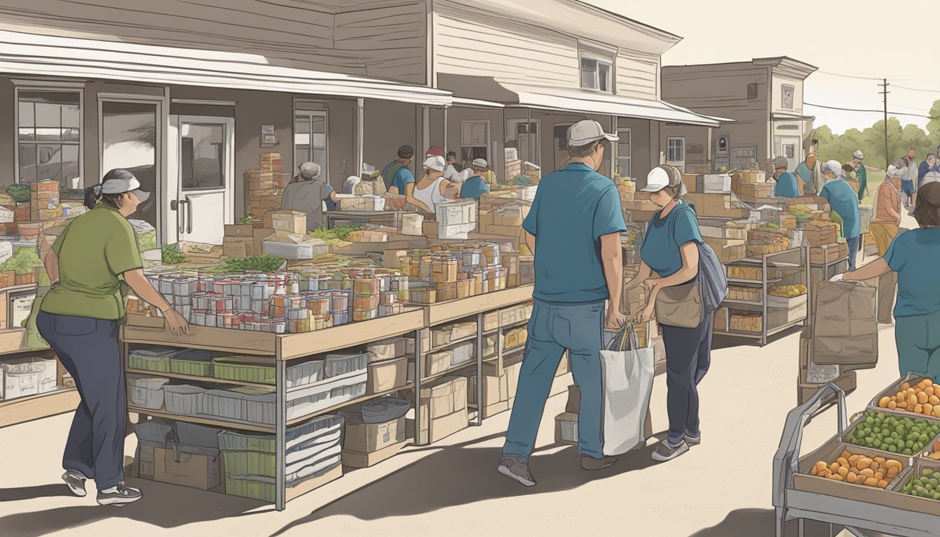 A bustling food pantry in Jim Wells County, Texas, with volunteers distributing free groceries to those in need