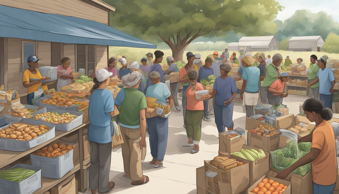 A bustling food pantry in rural Texas, with volunteers distributing groceries to those in need