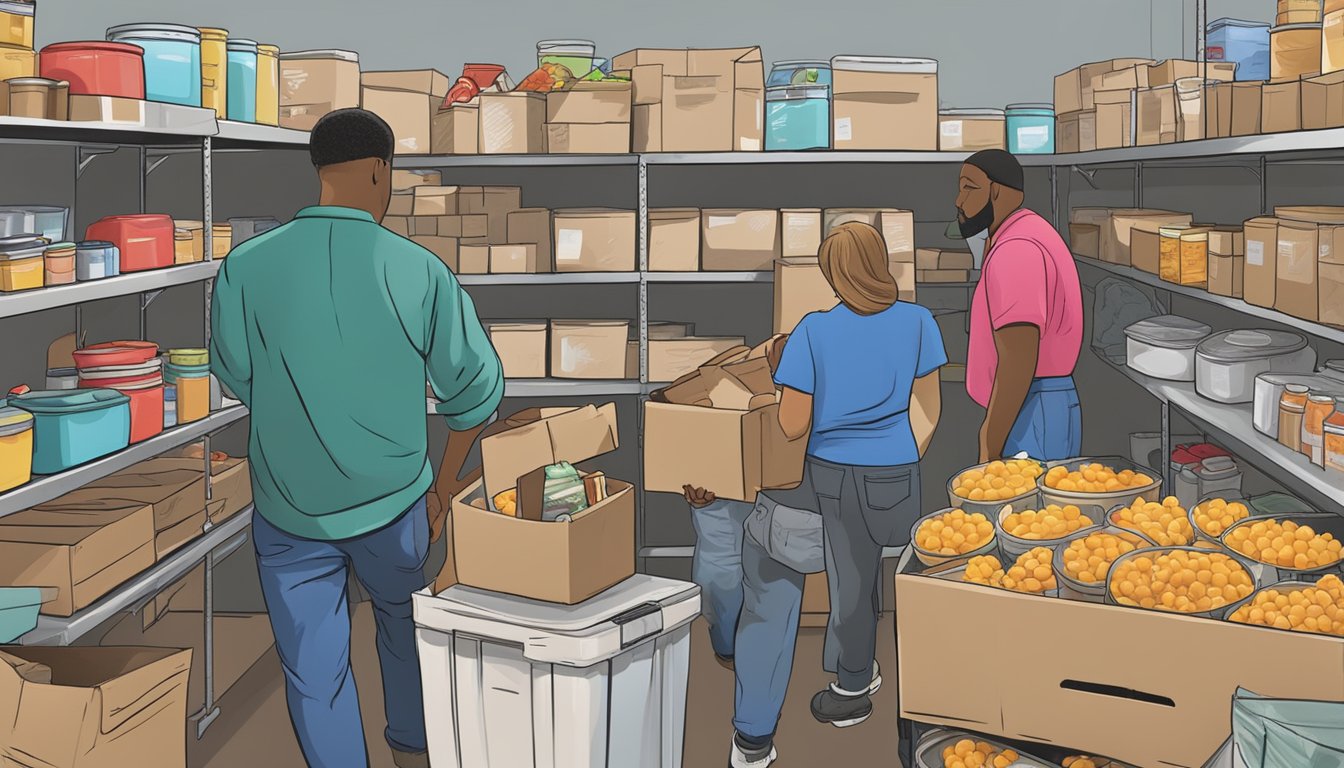 A bustling food pantry in Liberty County, Texas, with volunteers assisting diverse individuals in need