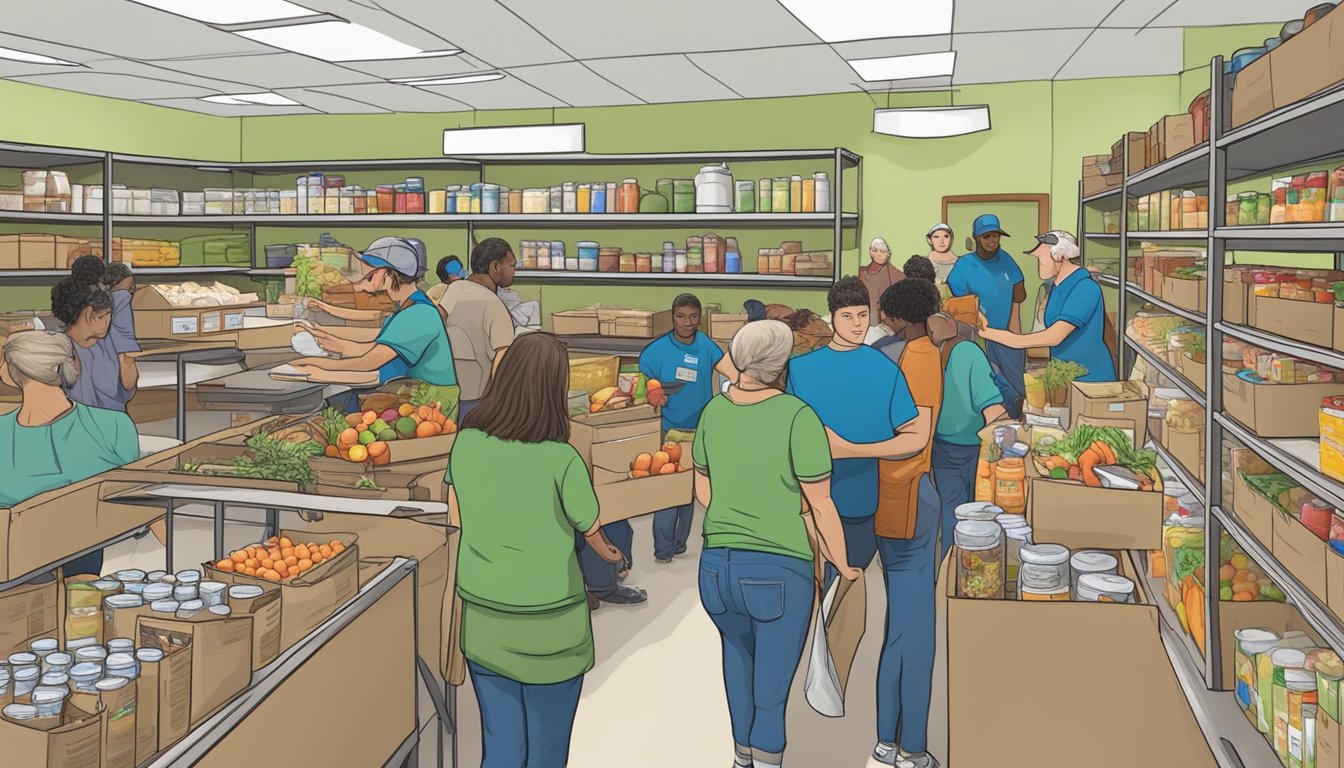 A bustling food pantry in Lipscomb County, Texas, with volunteers distributing free groceries and providing nutritional education to those in need