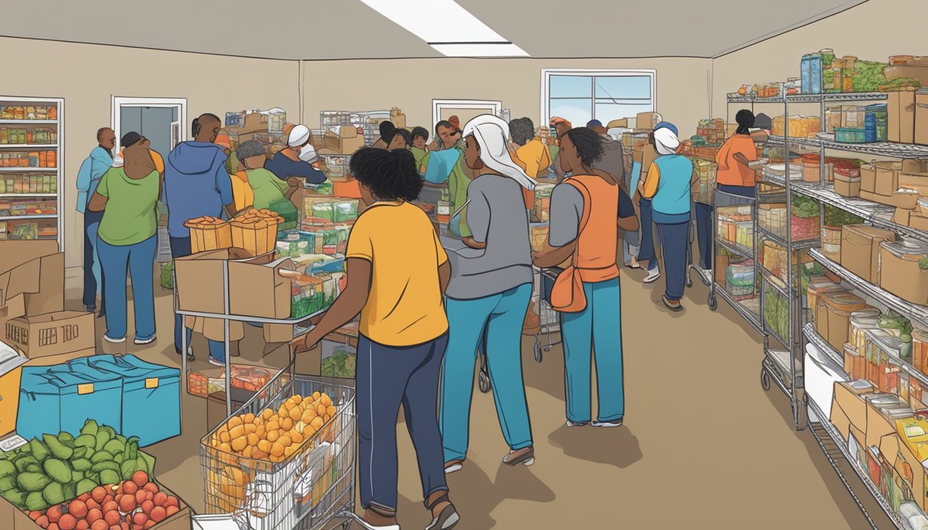 A bustling food pantry in Lipscomb County, Texas, with volunteers distributing free groceries to those in need