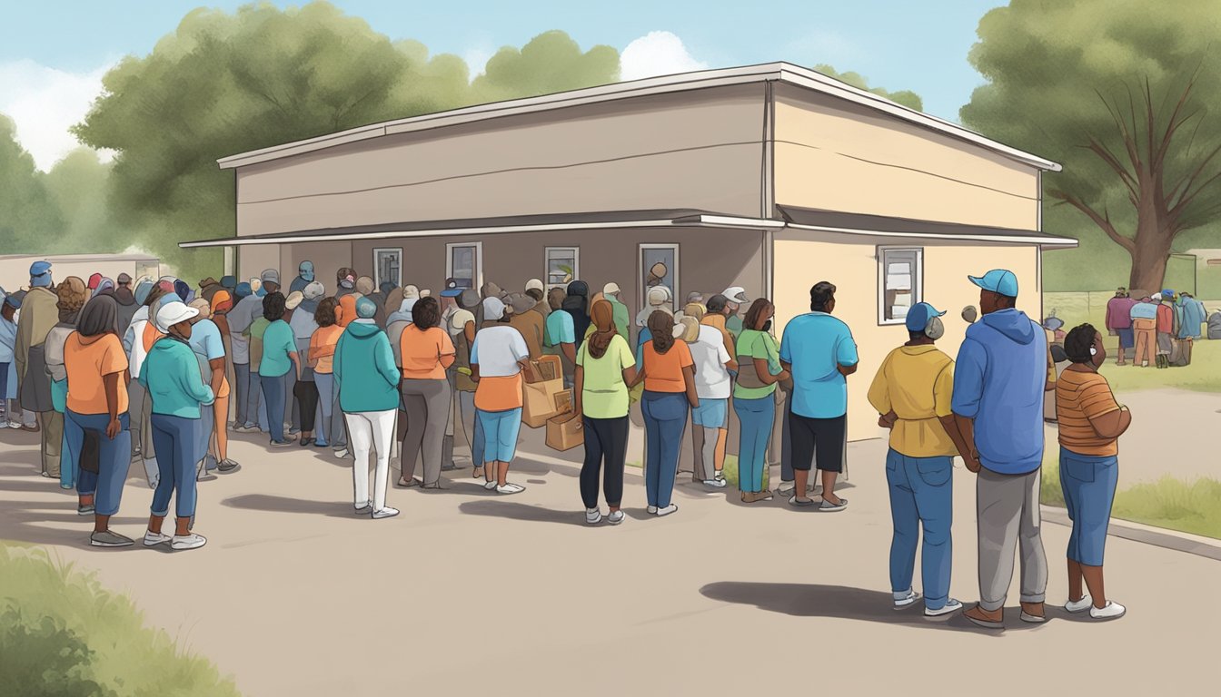 People lining up outside a food pantry in Lipscomb County, Texas, with volunteers distributing free groceries to those in need amidst the COVID-19 pandemic