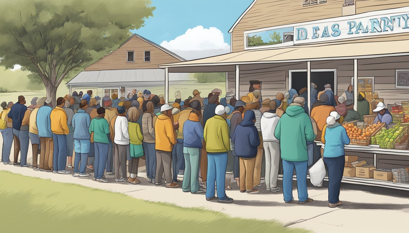 A line of people waits outside a food pantry in Lipscomb County, Texas, as volunteers distribute free groceries to those in need