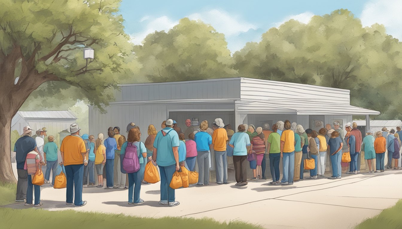 A line of people wait outside a small food pantry in Live Oak County, Texas. Volunteers hand out bags of groceries to those in need