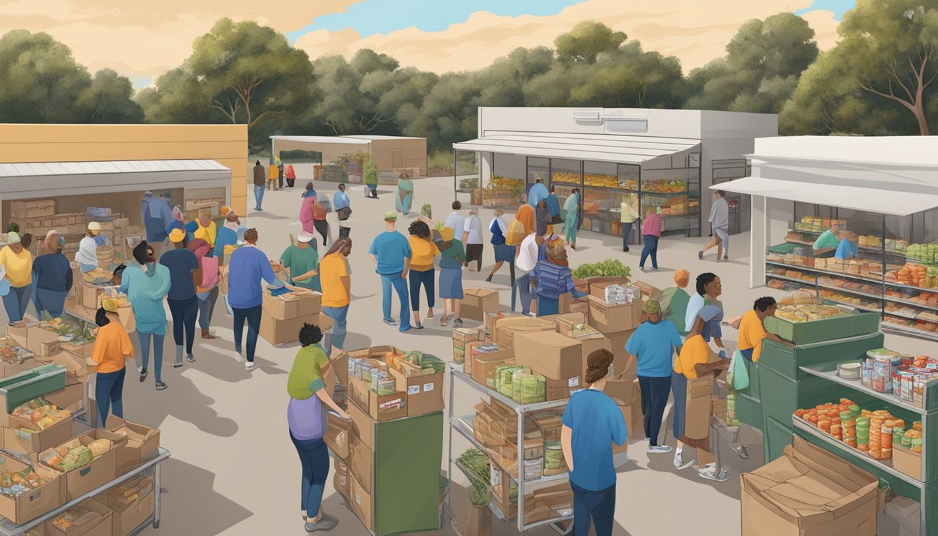 A bustling food pantry in Live Oak County, Texas, with volunteers handing out free groceries to those in need