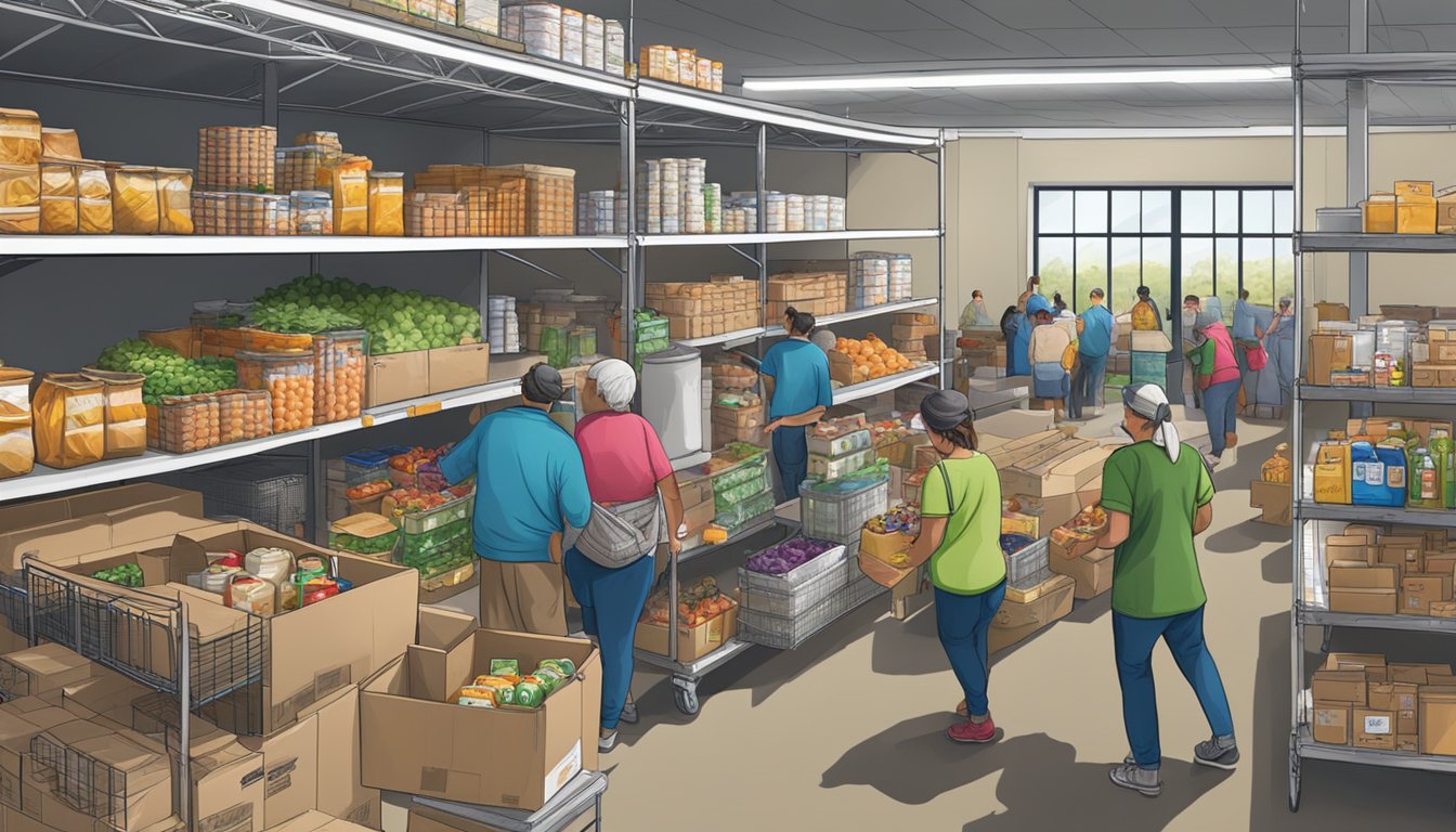 A bustling food bank in Live Oak County, Texas, with shelves stocked full of groceries and volunteers assisting those in need