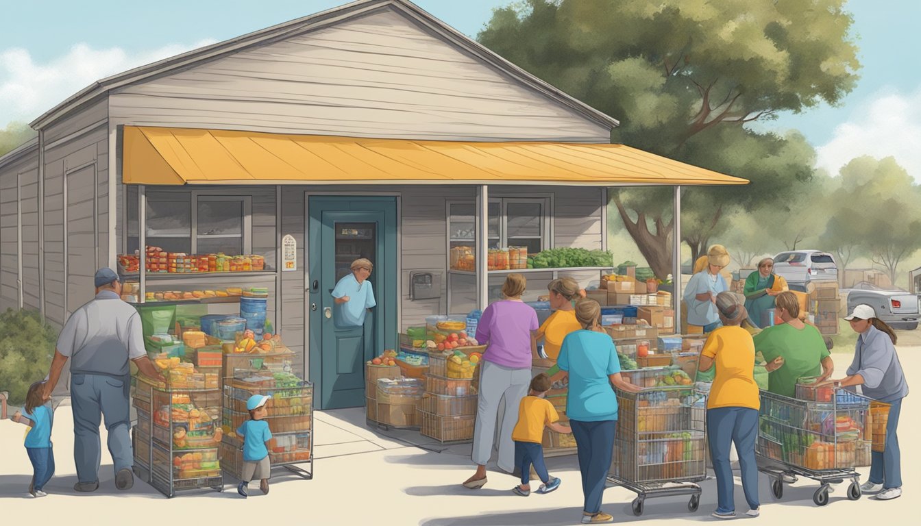 A bustling food pantry in Live Oak County, Texas, with volunteers distributing free groceries to those in need