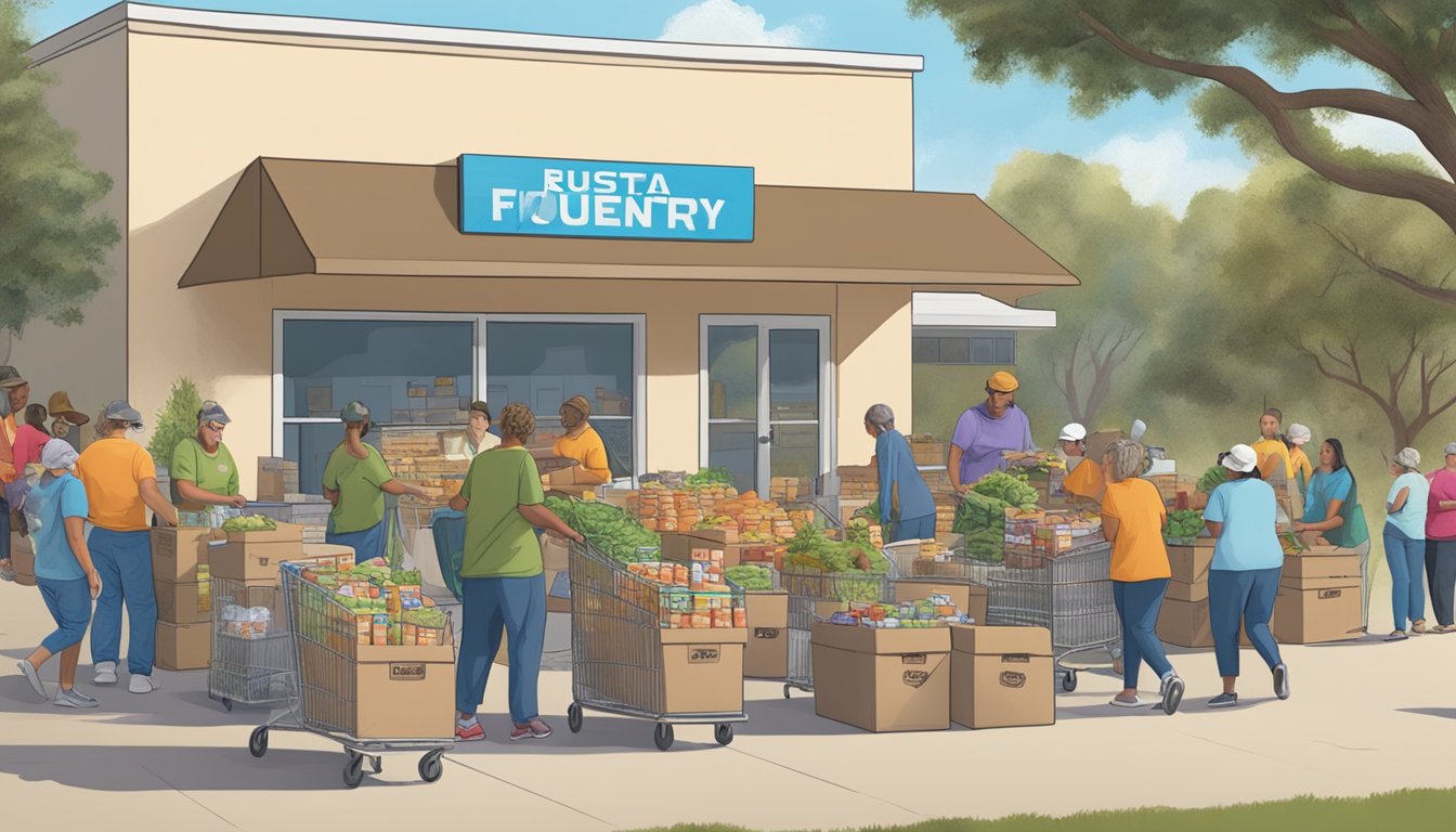 A bustling food pantry in Live Oak County, Texas, with volunteers distributing free groceries to those in need