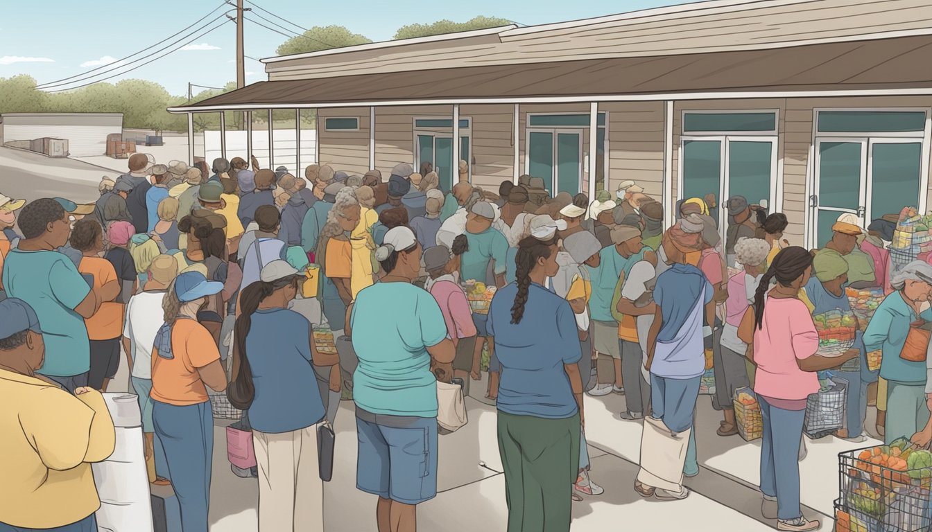 A line of people wait outside a small food pantry in Loving County, Texas. Volunteers hand out free groceries to those in need