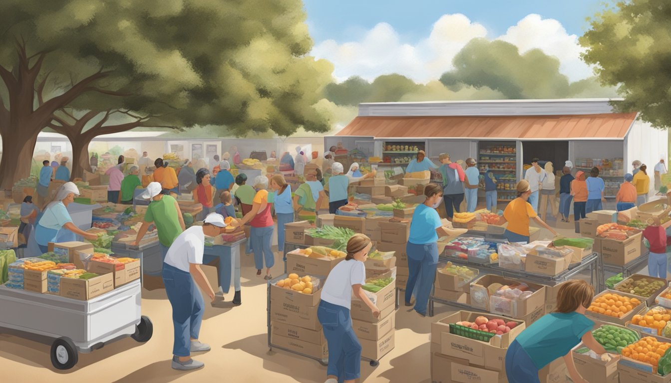 A bustling food pantry in Live Oak County, Texas, with volunteers distributing groceries to those in need amid a backdrop of seasonal resources