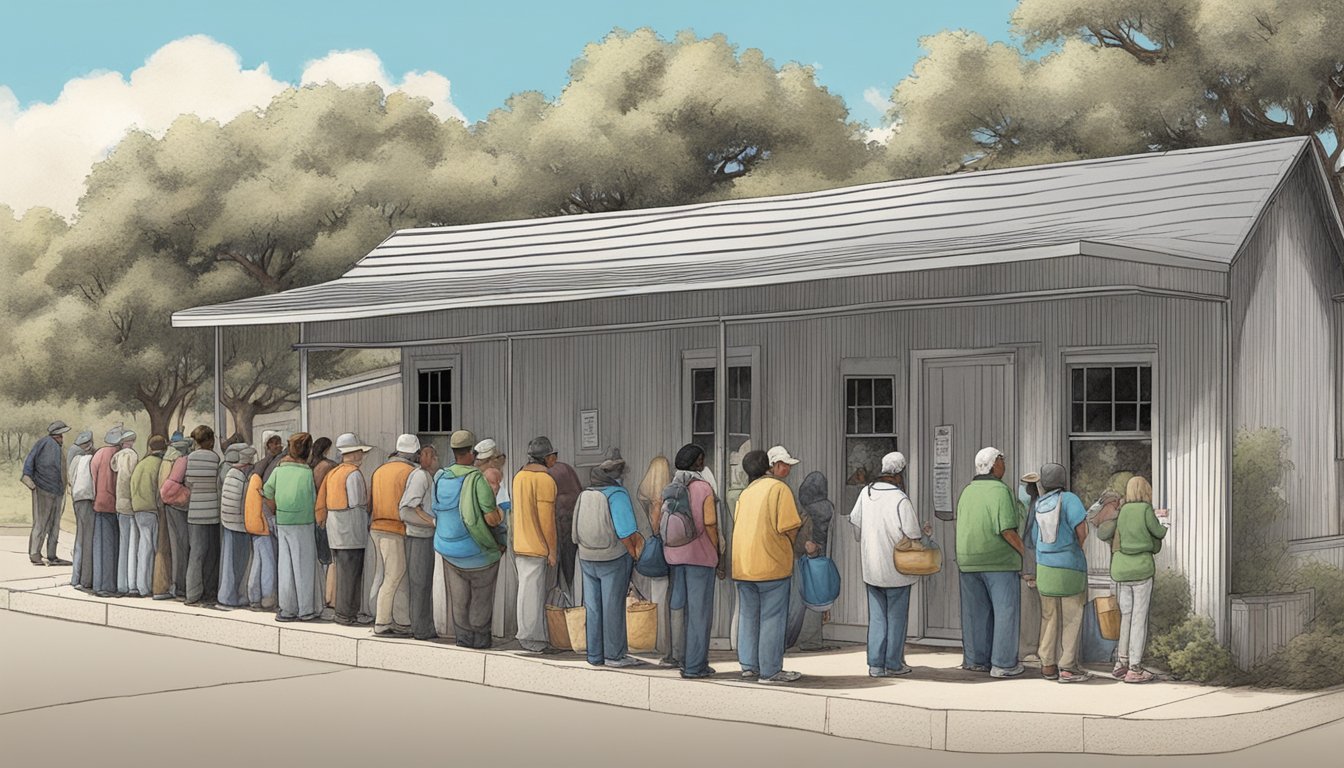 A line of people waits outside a small building, where volunteers distribute free groceries and food items in Live Oak County, Texas