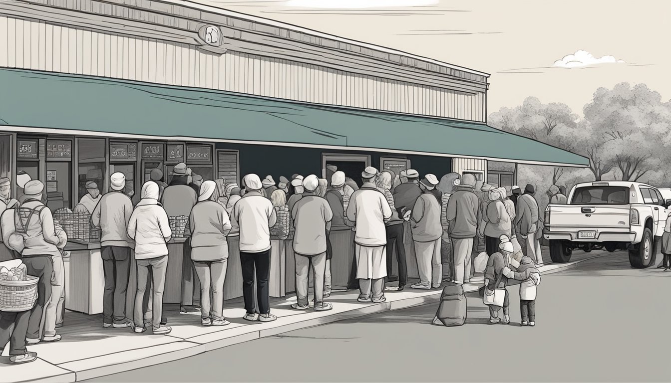 People lining up outside a food pantry in Jim Wells County, Texas. Volunteers handing out free groceries to those in need