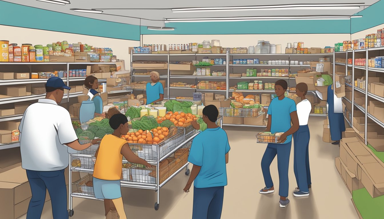 A bustling food pantry in Loving County, Texas, with volunteers distributing free groceries to those in need