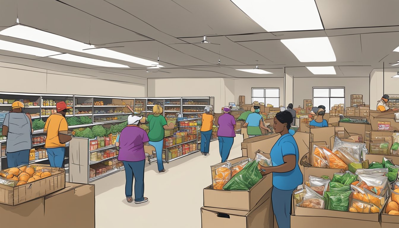 A bustling food pantry in Loving County, Texas, with volunteers distributing free groceries to those in need