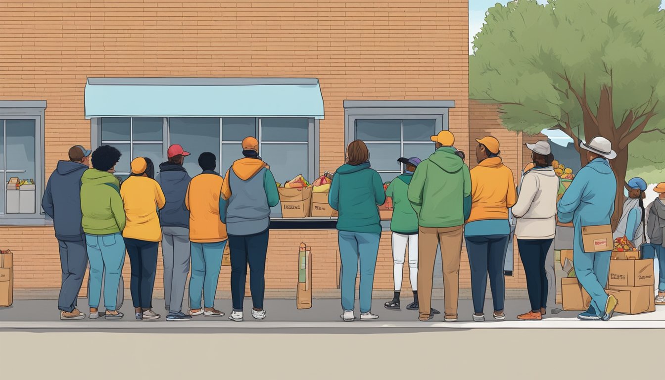 A line of people wait outside a food pantry in Lubbock County, Texas, as volunteers distribute free groceries to those in need