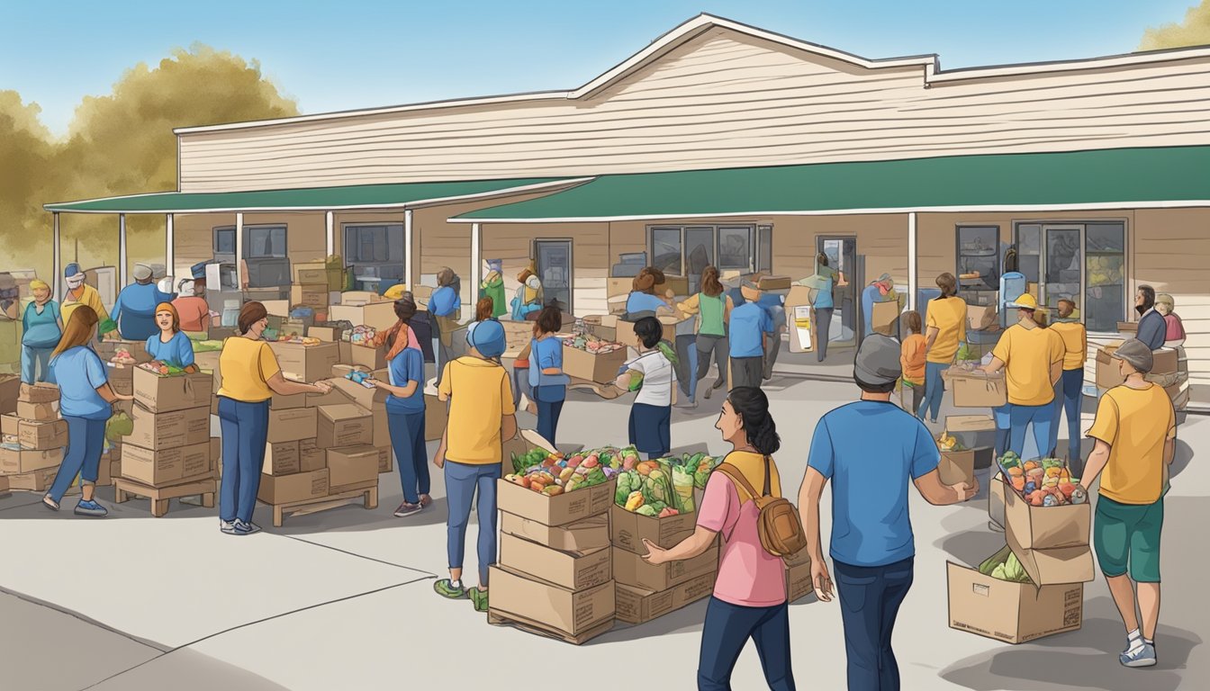 A bustling food pantry in Loving County, Texas, with volunteers distributing free groceries to those in need