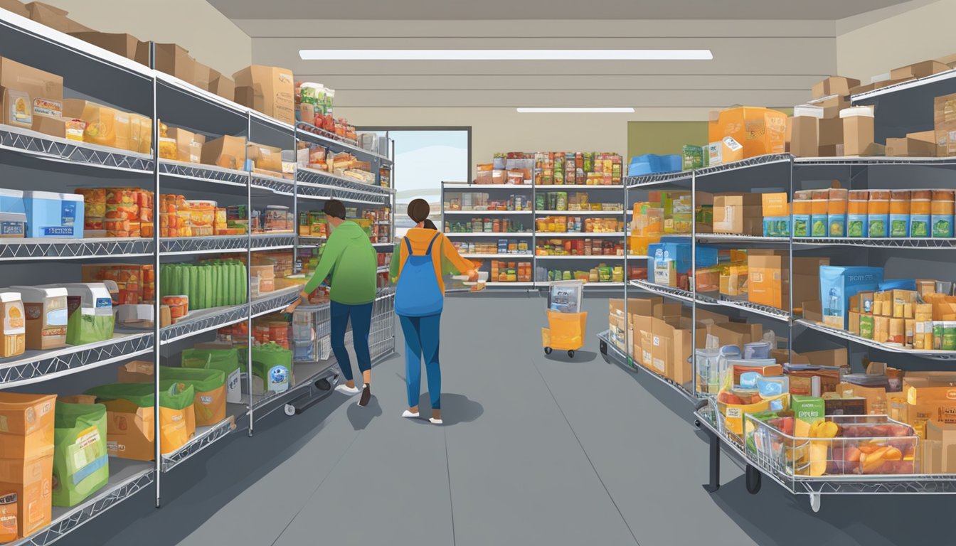 A bustling food pantry in Lubbock County, Texas, with shelves stocked full of free groceries and volunteers assisting those in need