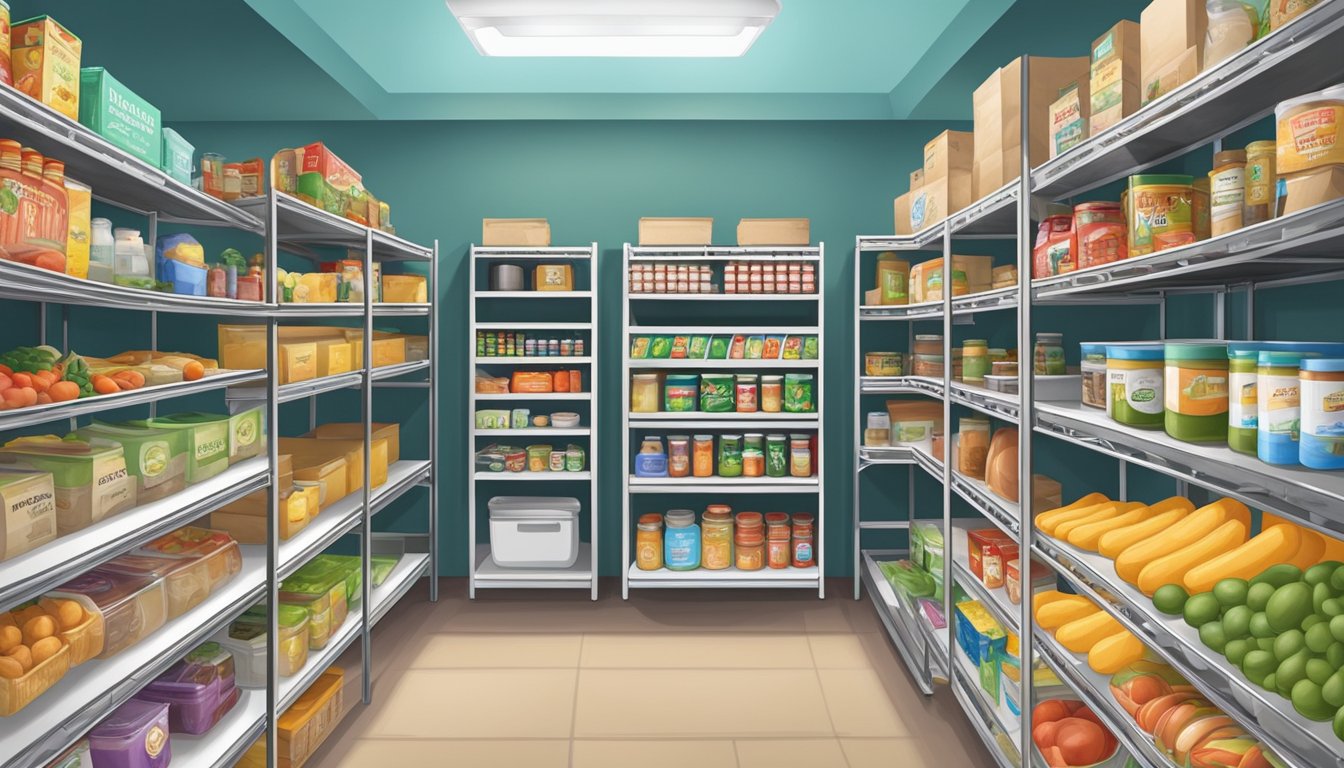 A colorful food pantry in Loving County, Texas, with shelves stocked full of nutritious groceries for infants and children in need