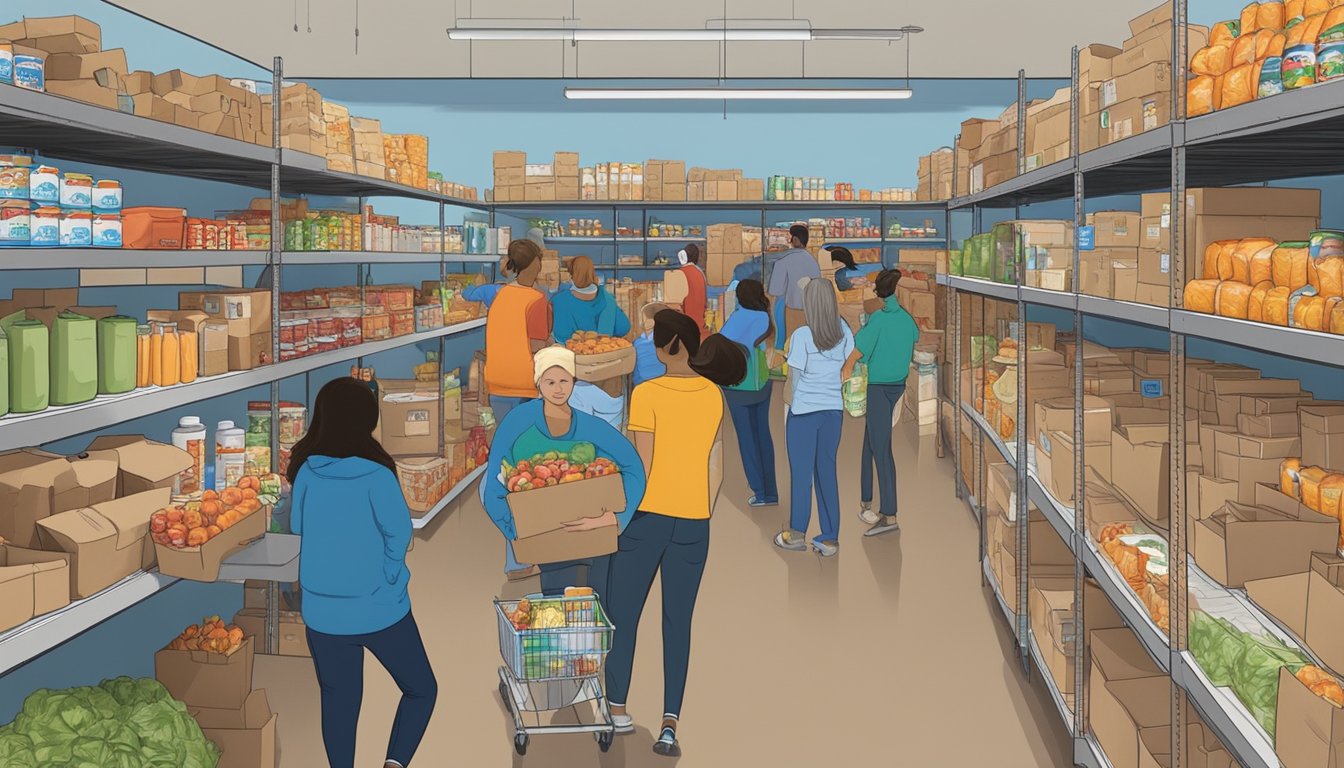 A bustling food pantry in Lubbock County, Texas, with volunteers distributing free groceries to those in need