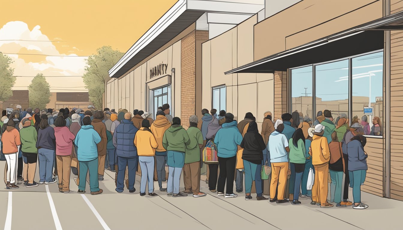 A line of people wait outside a food pantry in Lubbock County, Texas, while volunteers distribute free groceries to those in need