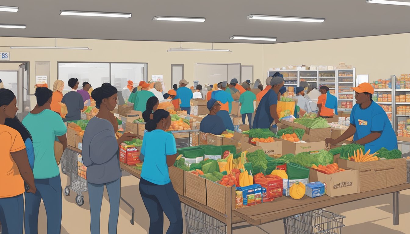 A bustling food pantry in Lubbock County, Texas, with volunteers distributing free groceries to those in need