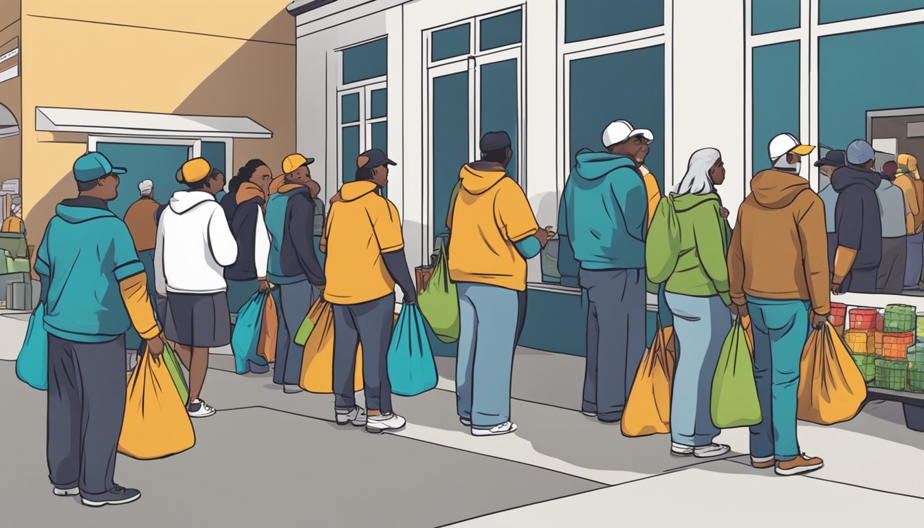 A line of people waits outside a food pantry, bags of groceries in hand. Volunteers distribute food to those in need