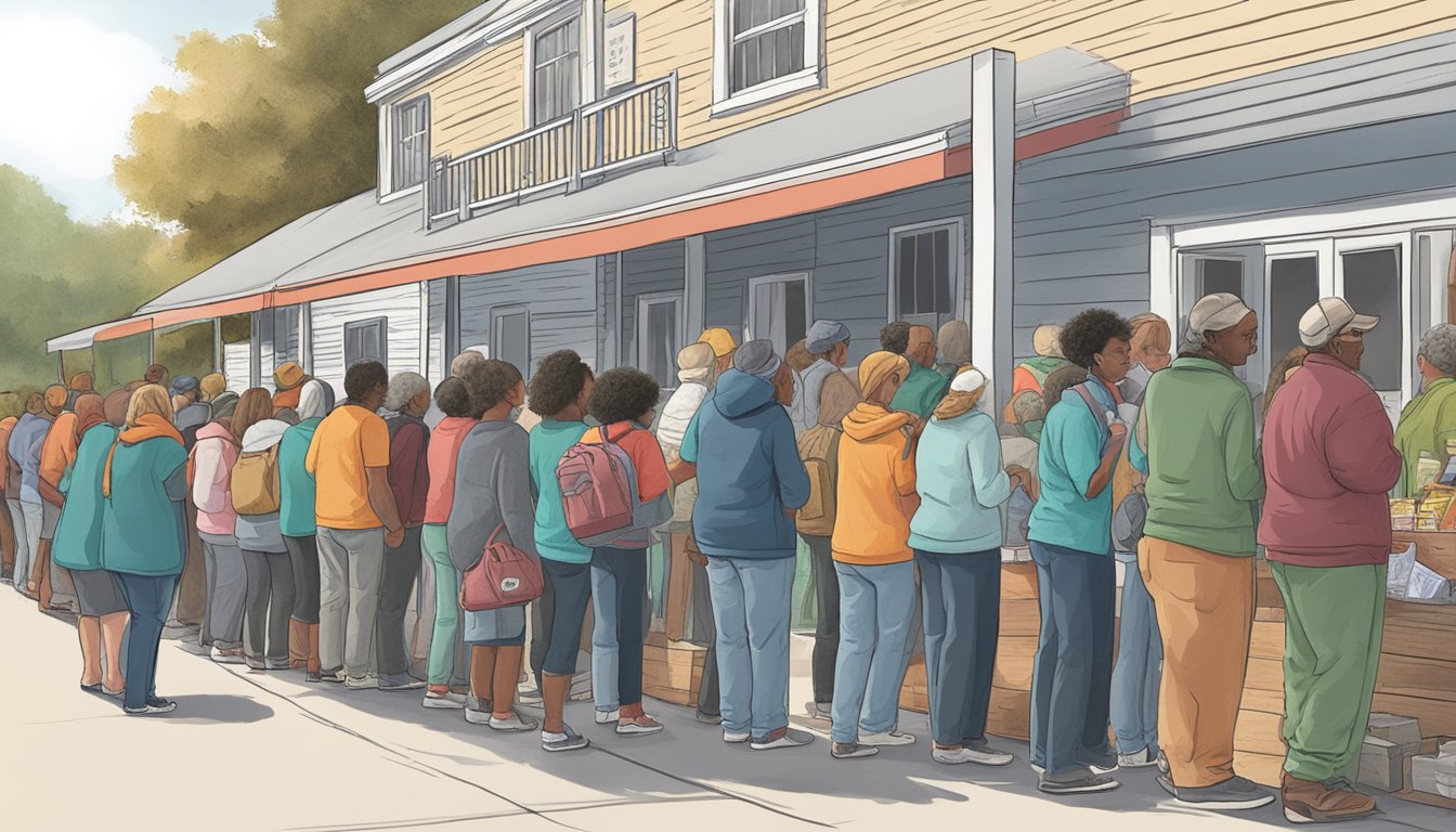 A line of people waiting outside a food pantry in Madison County, Texas, with volunteers distributing free groceries to those in need