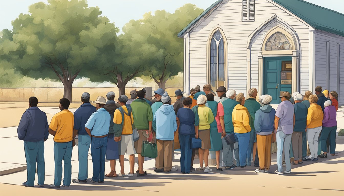 A line of people waits outside a church with a sign for free groceries and food pantries in Lubbock County, Texas