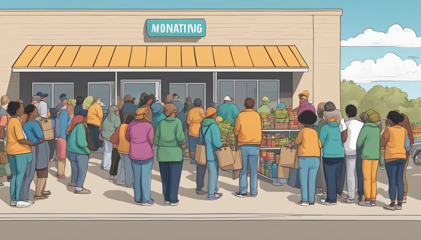 A line of people waiting outside a food pantry in Lubbock County, Texas. Volunteers handing out groceries to those in need