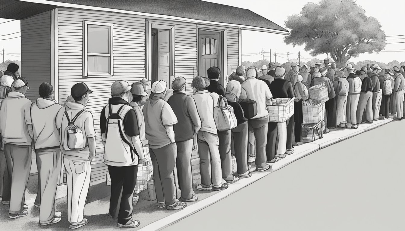 A line of people wait outside a food pantry in Marion County, Texas. Volunteers hand out free groceries to those in need