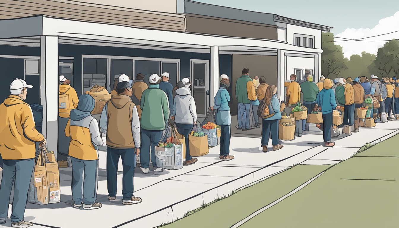 A line of people waits outside a food pantry in Marion County, Texas. Volunteers hand out bags of groceries to those in need