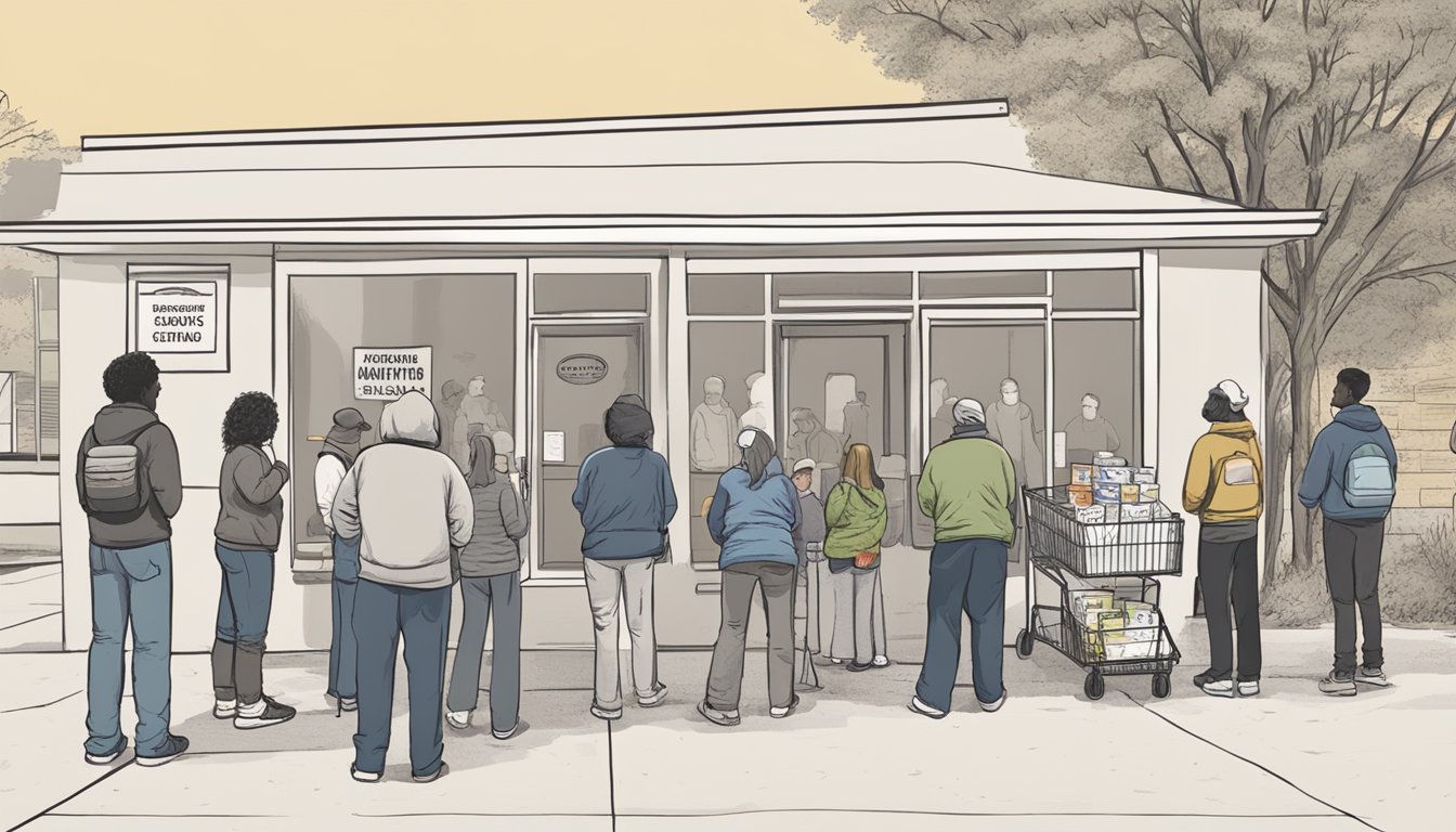 A line of people waiting outside a food pantry in Johnson County, Texas. Volunteers distribute free groceries to those in need