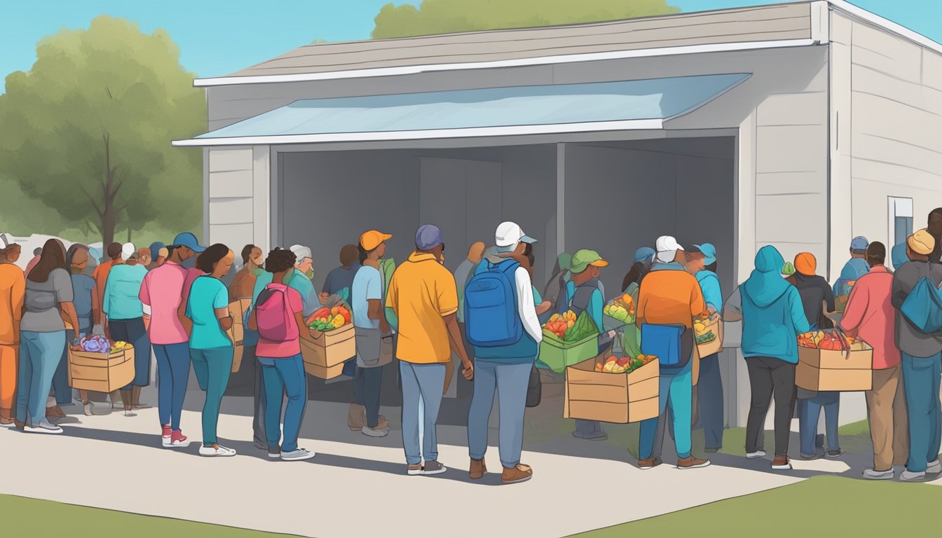 A line of people waiting outside a food pantry in Marion County, Texas, with volunteers distributing free groceries to those in need