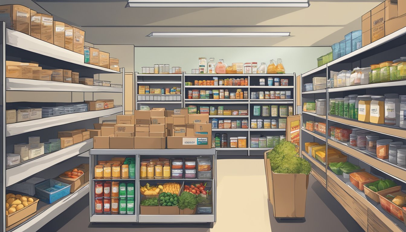 A bustling food pantry in Johnson County, Texas, with shelves stocked full of free groceries and educational resources for those in need