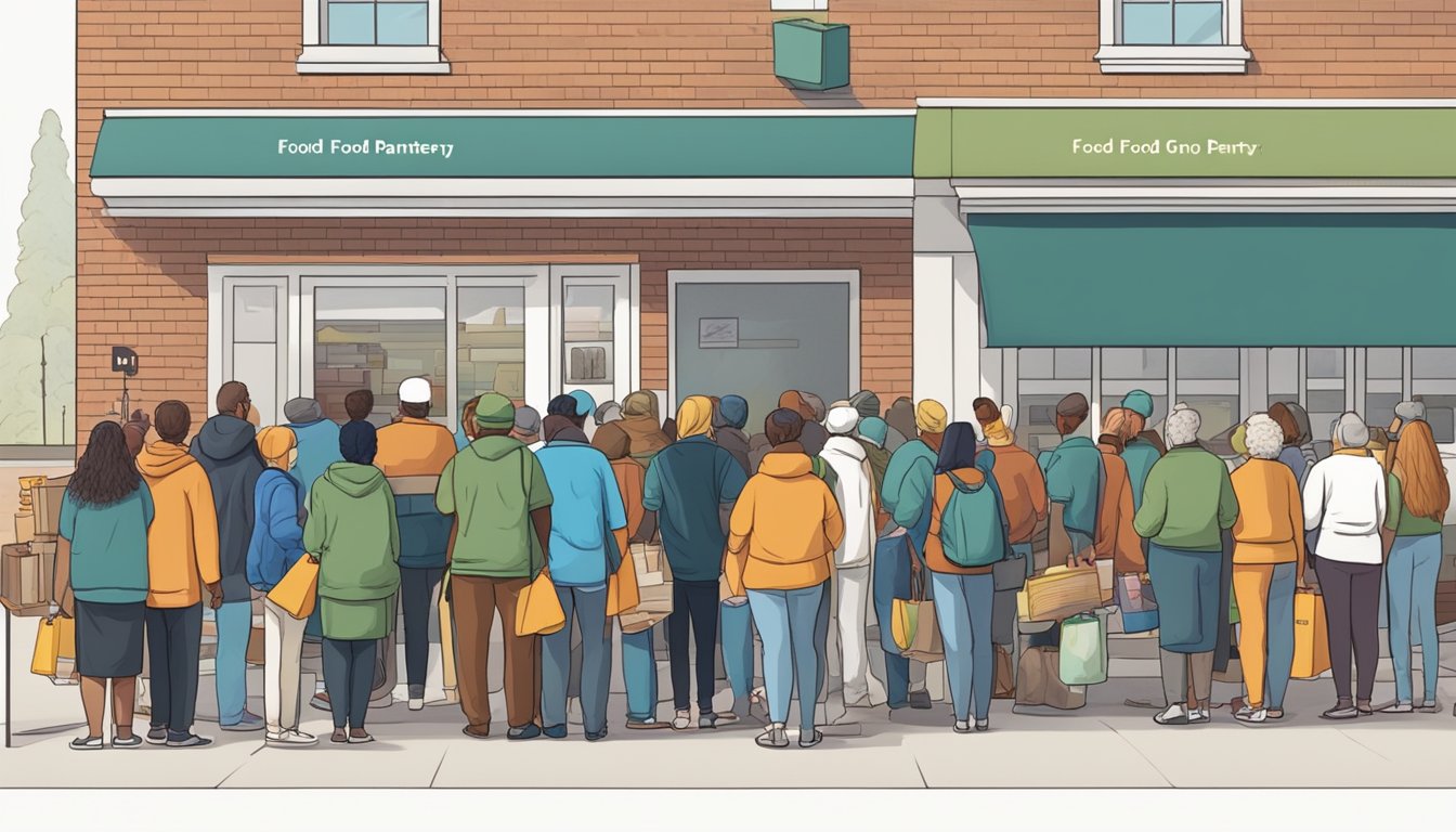 A line of people waiting outside a food pantry, with volunteers handing out bags of groceries and supplies