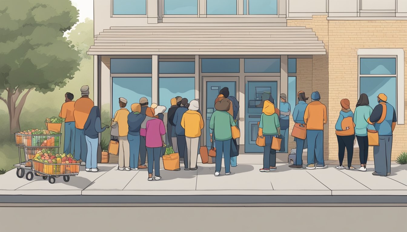 A line of people waits outside a community resource center in Johnson County, Texas. Volunteers distribute free groceries and food to those in need