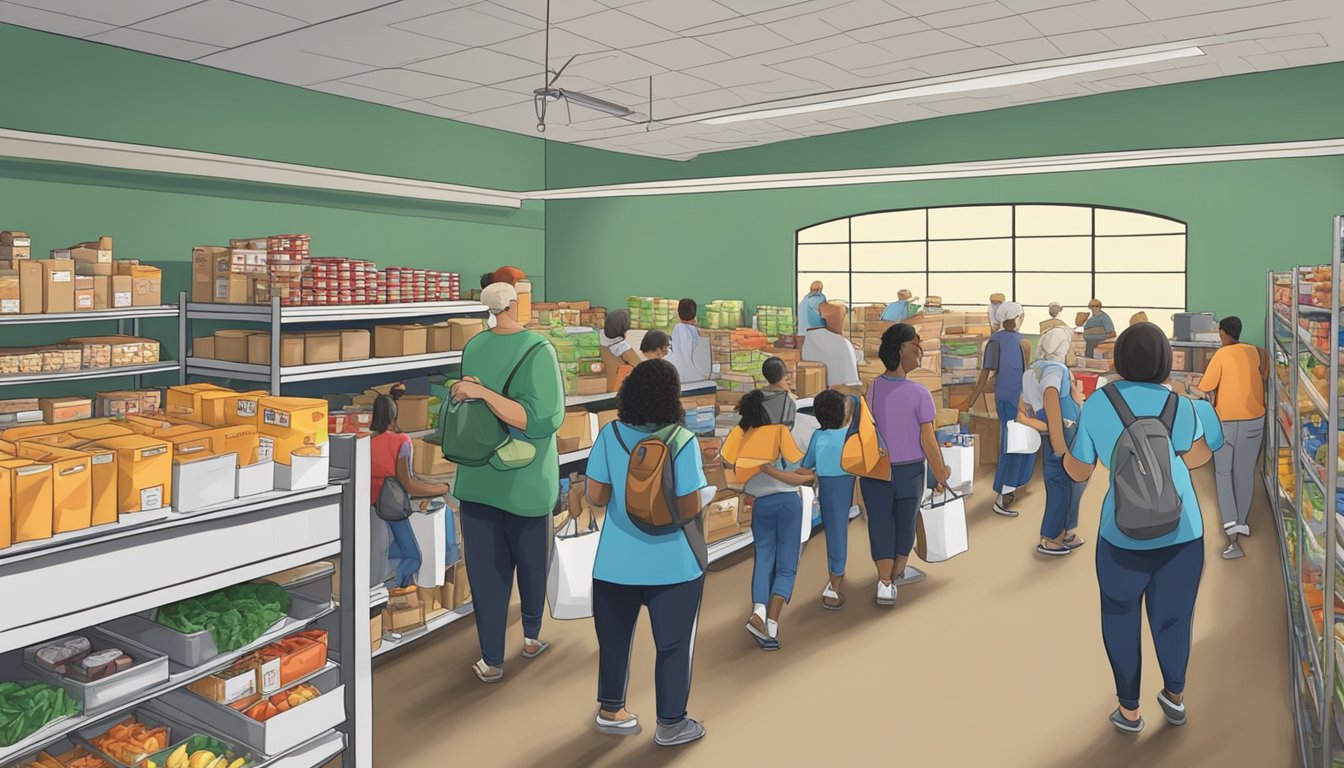 A bustling food pantry in Marion County, Texas, with volunteers distributing free groceries to those in need